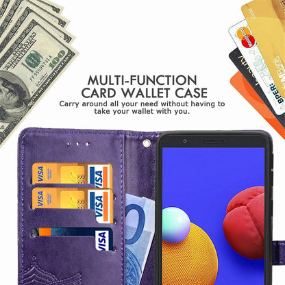 Purple embossed flip leather phone wallet case with visible card slots and inner pocket