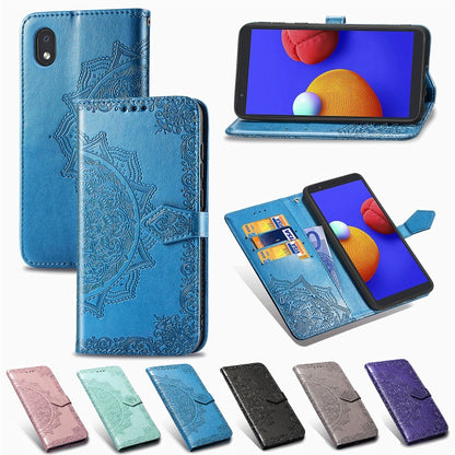Embossed flip leather phone wallet cases in assorted colors, including green and blue