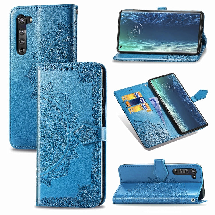 Mandala embossed flip leather phone case with card slot, blue, with camera cutouts