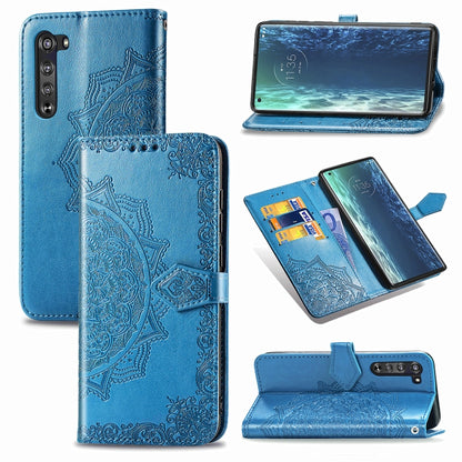 Mandala embossed flip leather phone case with card slot, blue, with camera cutouts