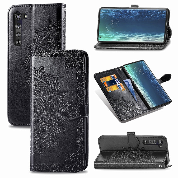 Mandala embossed flip leather phone case with card slot, black, with camera cutouts