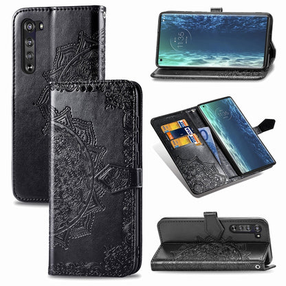 Mandala embossed flip leather phone case with card slot, black, with camera cutouts