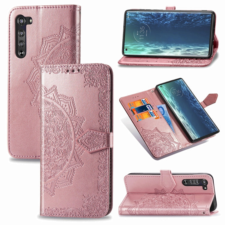 Mandala embossed flip leather phone case with card slot, rose pink, camera cutouts
