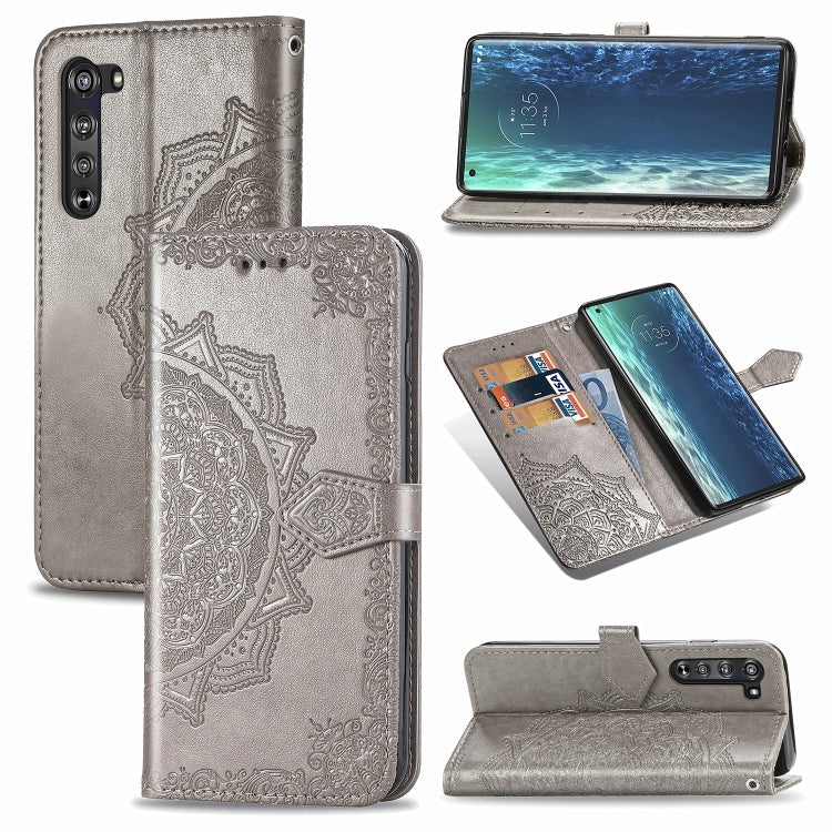 Mandala embossed flip leather phone case with card slot, gray, camera cutouts