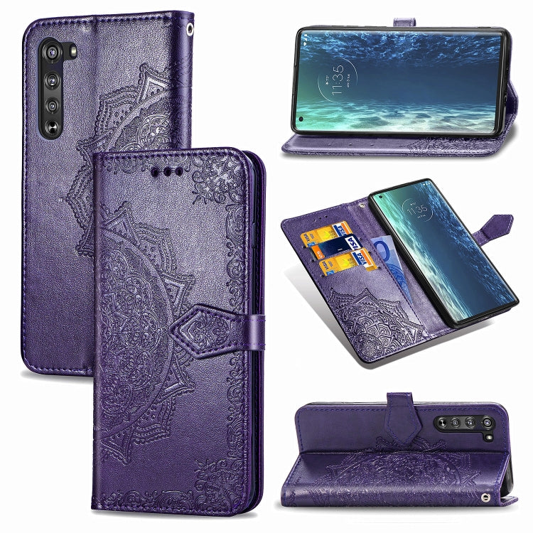 Mandala embossed flip leather phone case with card slot, purple, camera cutouts