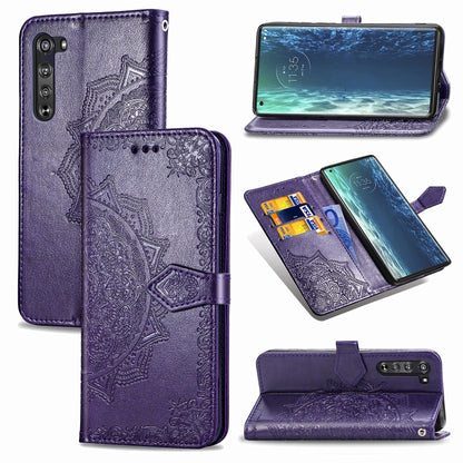 Mandala embossed flip leather phone case with card slot, purple, camera cutouts