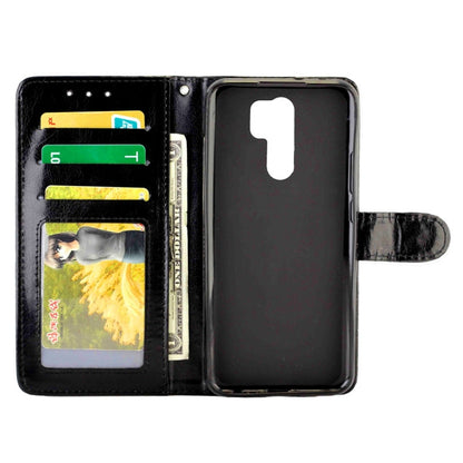 Black leather flip phone case with card slots and photo window, phone holder strap