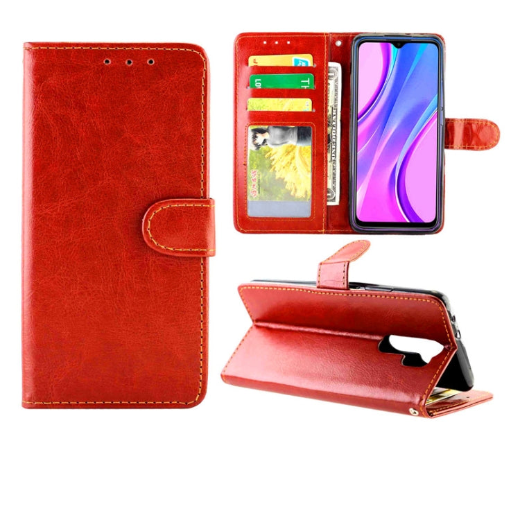 Red leather flip phone case with card slots and photo window, wallet stand view