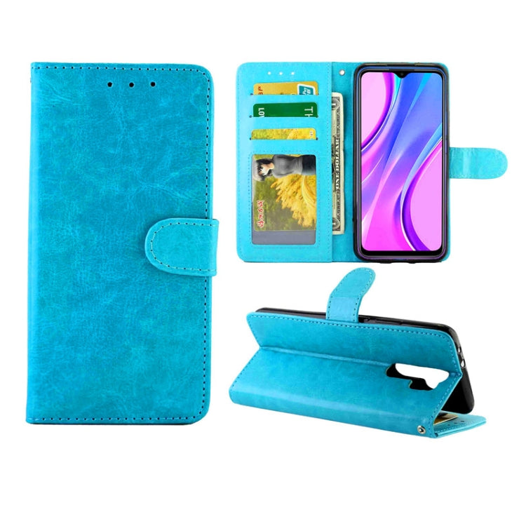 Blue leather flip phone case with card slots and photo window, wallet stand