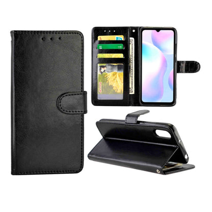 Black leather flip phone case with card slots, photo window, and fold-out stand