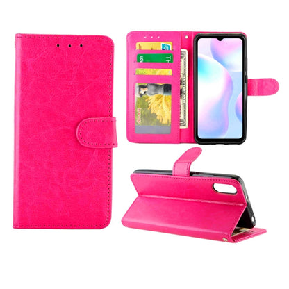 Crazy Horse leather wallet flip phone case with card slots and photo frame, Magenta.