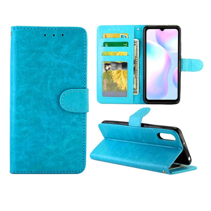 Crazy Horse leather wallet flip phone case with card slots and photo frame, baby Blue.