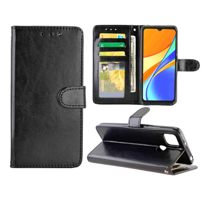Crazy Horse leather wallet flip phone case with card slots and photo frame, Black.