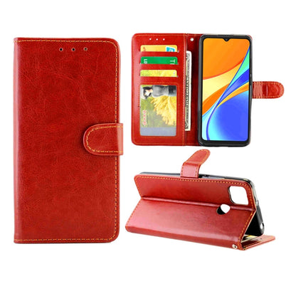 Crazy Horse leather wallet flip phone case with card slots and photo frame, Brown.