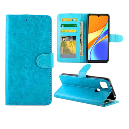 Crazy Horse leather wallet flip phone case with card slots and photo frame, baby Blue.