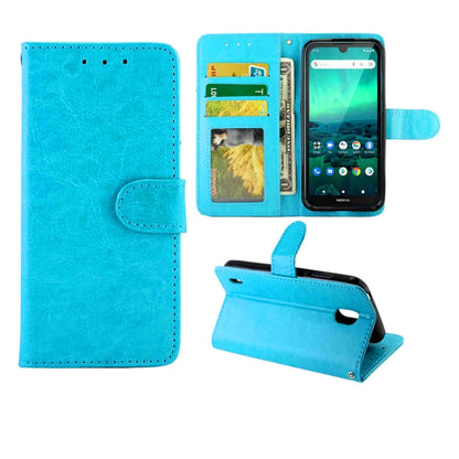 Blue flip protective phone case with card slots and kickstand, leather texture wallet