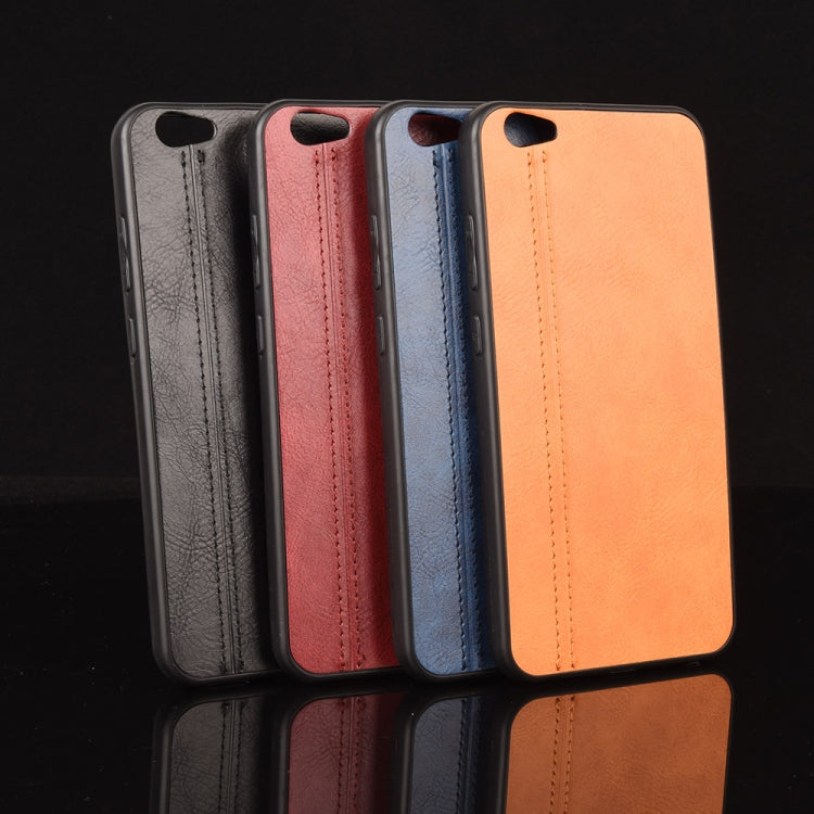 Set of leather-texture phone cases in black, red, blue, and orange with camera openings