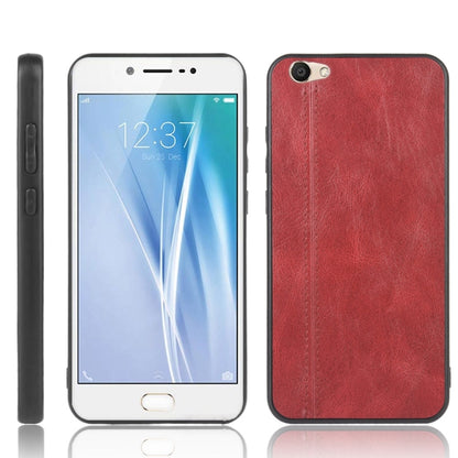 Red faux leather phone case with stitched edge, camera cutout, and raised bezel