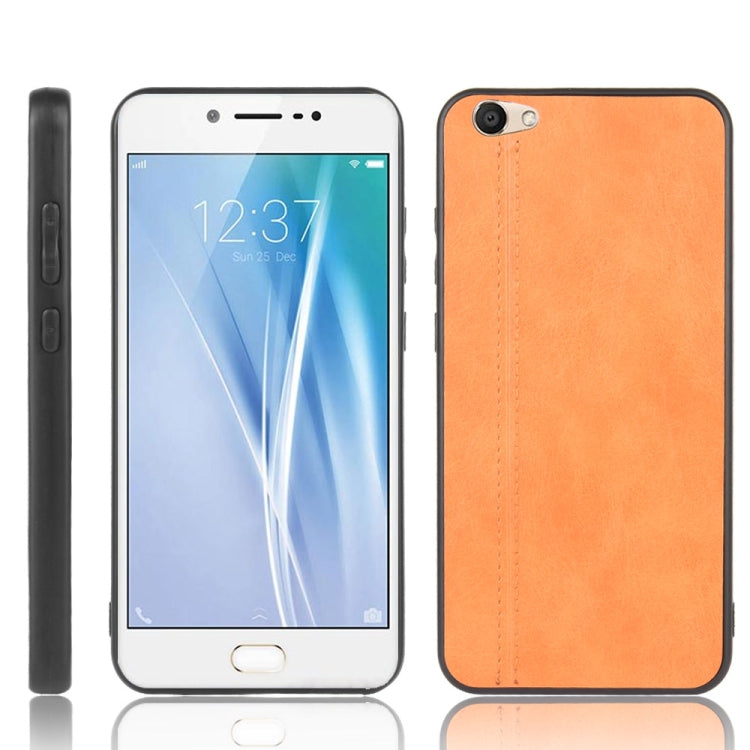 Orange faux leather phone case with stitched edge, camera cutout, and raised bezel