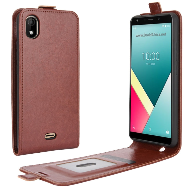 Brown leather flip phone case with vertical stand and photo frame window