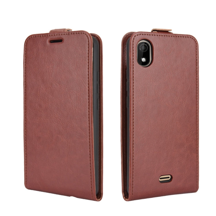 Brown leather vertical flip phone case with side cutouts and magnetic closure
