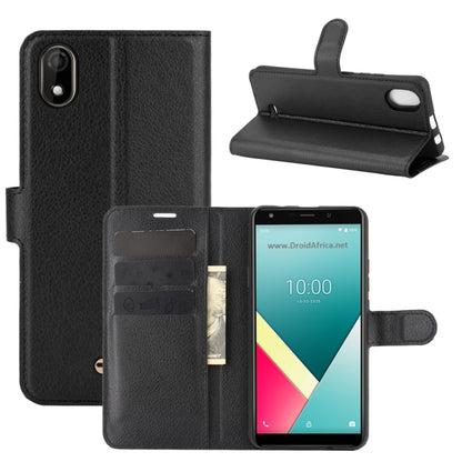 WIKO Y61 black textured flip wallet case with card slots and phone holder