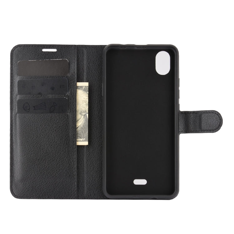 WIKO Y61 black flip wallet case open, showing card slots and back cover