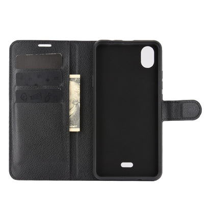 WIKO Y61 black flip wallet case open, showing card slots and back cover