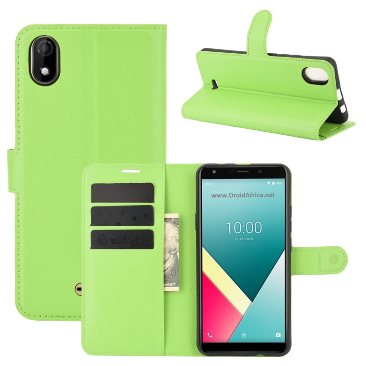Green litchi-texture flip wallet phone case with card slots and stand