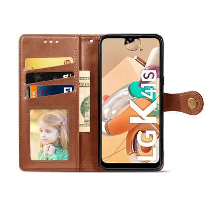 Brown leather flip wallet phone case with photo window and card slots, open front