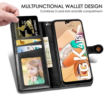 Black leather flip phone wallet case with card slots and photo window