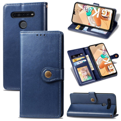 Blue leather wallet phone case with card slots, photo frame, and stand support