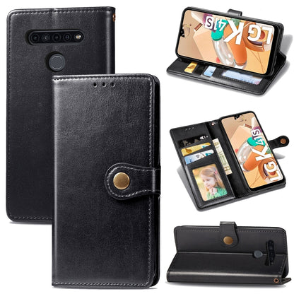 Black leather wallet phone case with card slots, photo frame, and stand support