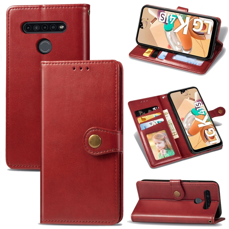 Red leather wallet phone case with card slots, photo frame, and stand support