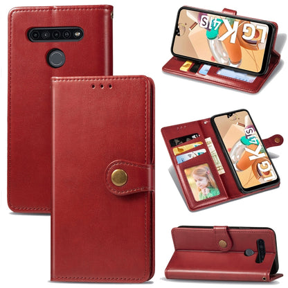 Red leather wallet phone case with card slots, photo frame, and stand support