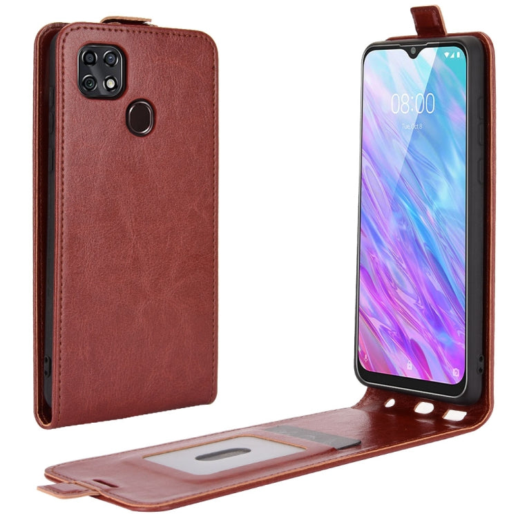 Texture flip leather phone case with card slots, brown; open stand view with screen cover