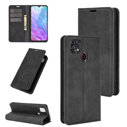 Black leather-style folio phone case with magnetic closure, wallet and card slots, stand support