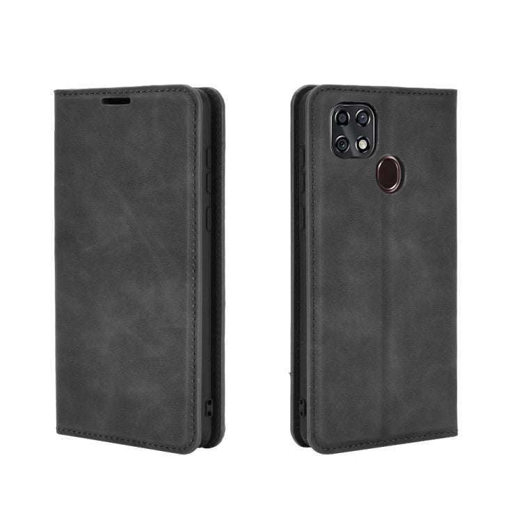 Dark gray leather-style folio phone case with magnetic closure and cutouts for ports and camera