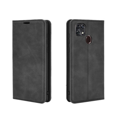 Dark gray leather-style folio phone case with magnetic closure and cutouts for ports and camera