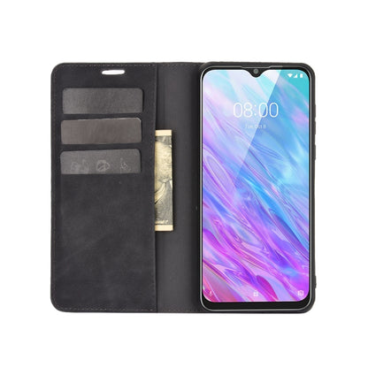 Black leather-style folio phone case with card slots and window opening, phone inside