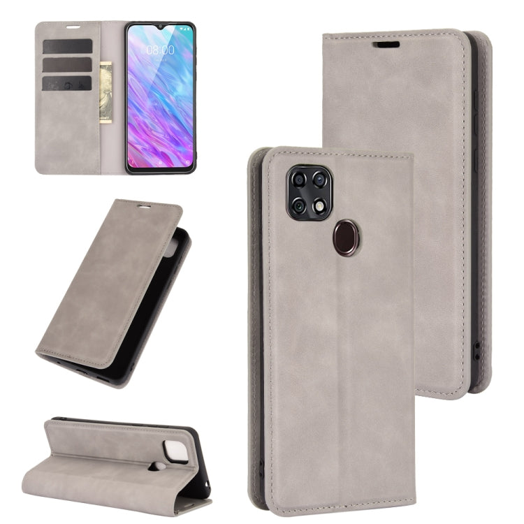 Magnetic leather wallet phone case with card slots and stand, grey.