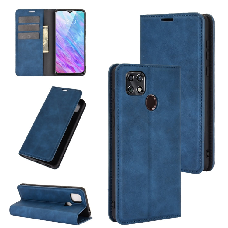 Magnetic leather wallet phone case with card slots and stand, blue.