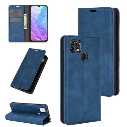 Magnetic leather wallet phone case with card slots and stand, blue.