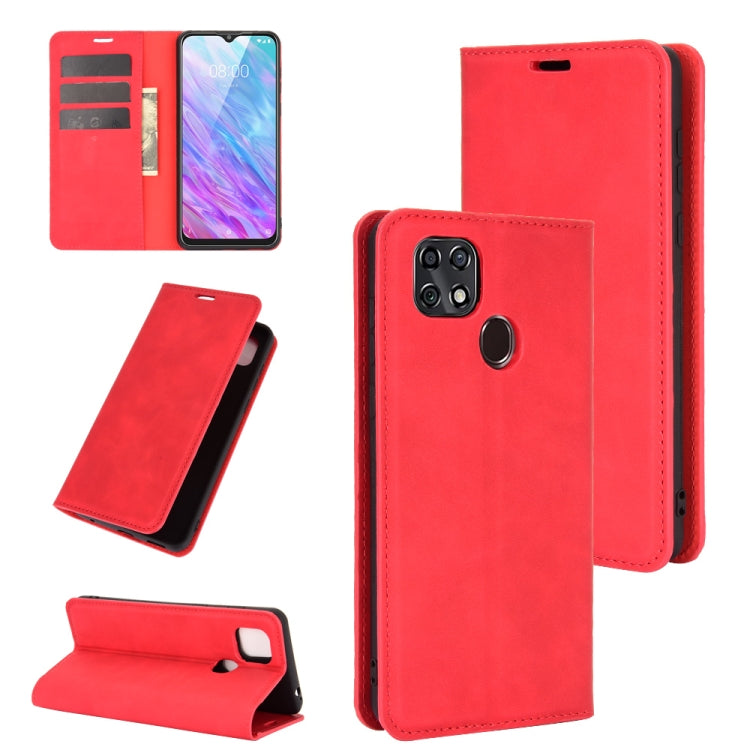 Magnetic leather wallet phone case with card slots and stand, red.