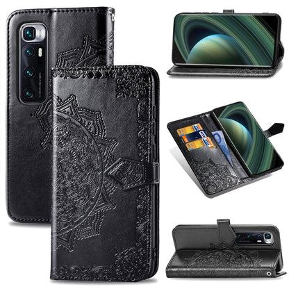 Black mandala-embossed flip leather phone case with card slot and stand