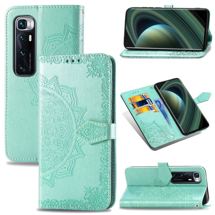 Mint teal mandala-embossed flip leather phone case with card slot and stand