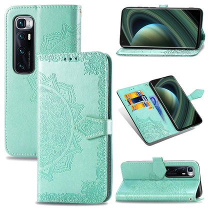 Mint teal mandala-embossed flip leather phone case with card slot and stand