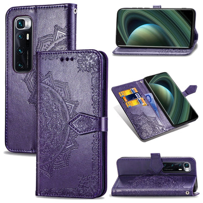Purple mandala-embossed flip leather phone case with card slot and stand