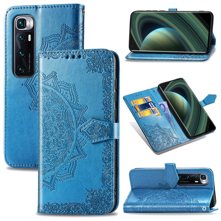 Blue mandala-embossed flip leather phone case with card slot and stand
