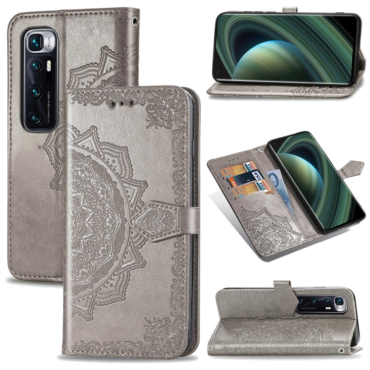 Silver-gray mandala-embossed flip leather phone case with card slot and stand